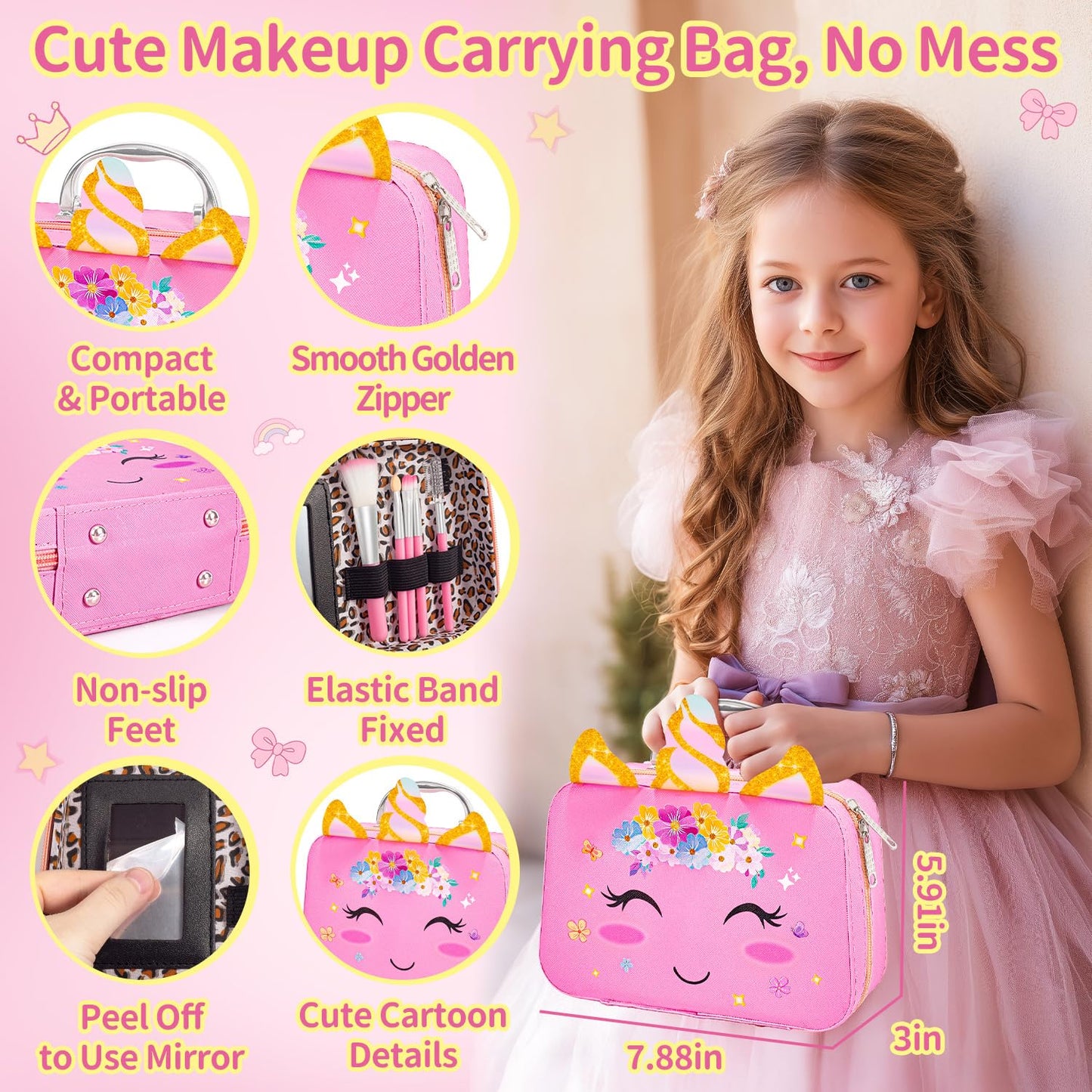 Hohosunlar Girls Makeup Set Kids Toys - Washable Non-toxic Kids Make Up w/ Nail Polish Dryer, Princess Accessories Nail Varnish Set, Christmas Birthday Gift Toys for Girls 3 4 5 6 7 8-12 Years Old