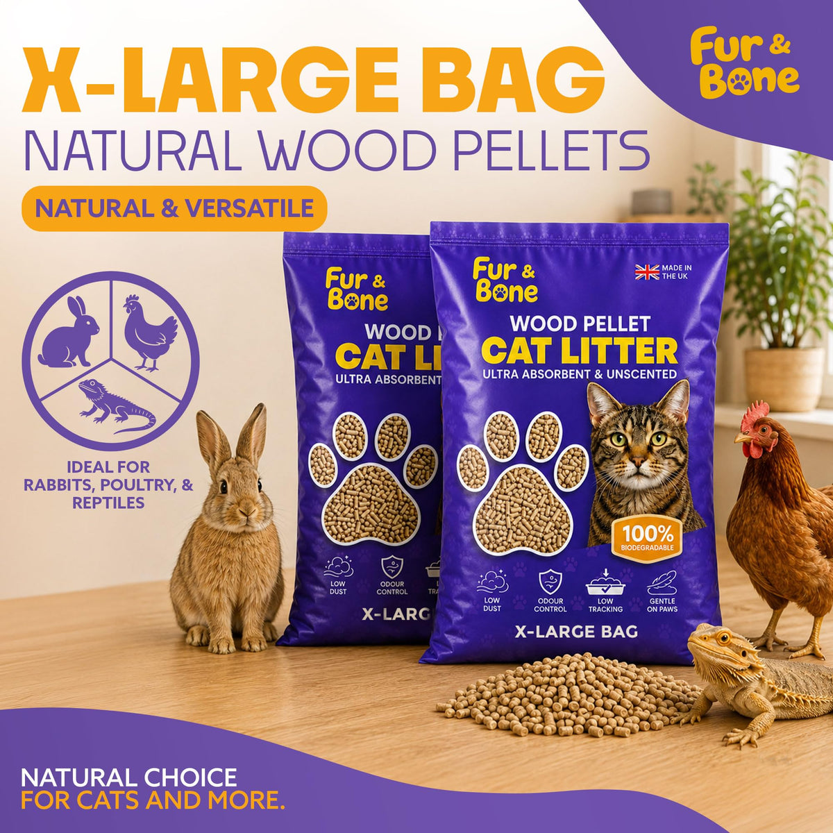 Fur & Bone Cat Litter Wooden Pellets 30L - Non-Clumping, Ultra-Absorbent