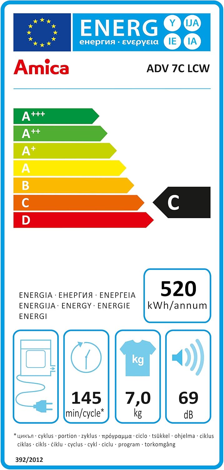 Amica ADV7CLCW Tumble Dryer Vented White Freestanding 7 Kilogram C Energy Rating 69dB Noise Level Digital Display Delay Start