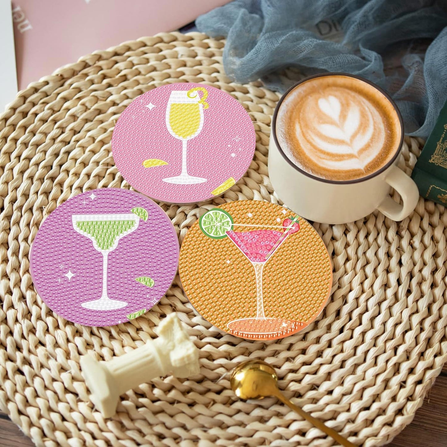 8Pcs Diamond Painting Coasters with Holder,DIY Cocktail Life Coaster Diamond Art Kits for Adults Kids,Beginners Round Full Drill Diamonds Art Craft Supplies