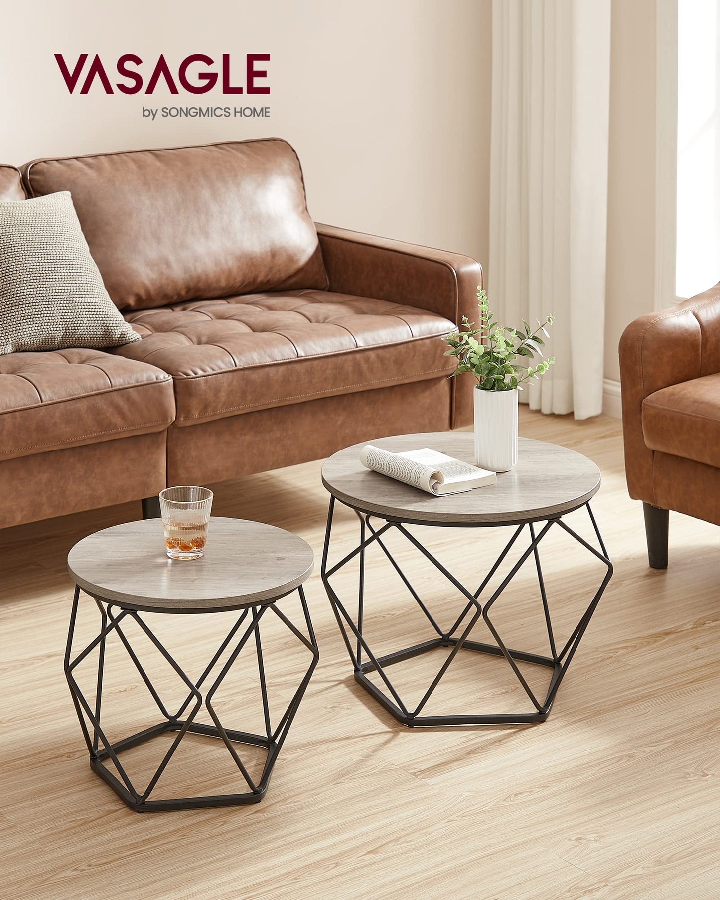 VASAGLE Coffee Tables, Set of 2 Side Tables, Robust Steel Frame, for Living Room, Bedroom, Rustic Brown and Black LET040B01