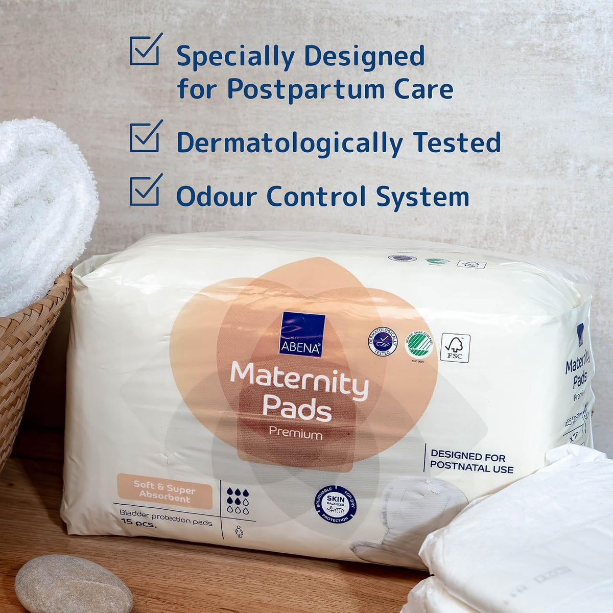 ABENA Premium Maternity Pads, Postpartum Essentials, Eco-Labelled, Extra Protection, After Birth, Breathable and Skin Friendly, Sustainable Incontinence Pads - 15PK