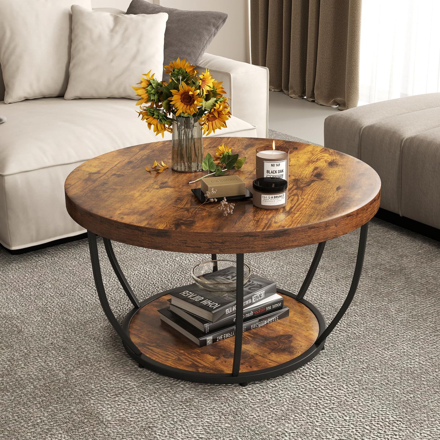 COSTWAY 2-Tier Round Coffee Table with Storage Shelf, Metal Frame Industrial Accent Cocktail Center Unit Sofa Side Tea Table for Living Room, Bedroom and Office, 80x80x45cm (Rustic Brown+Black)
