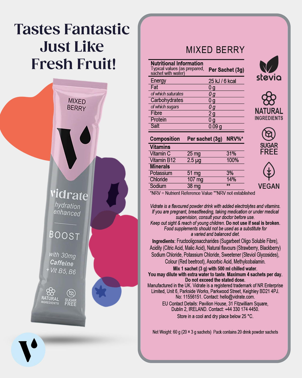 Vidrate Electrolytes Powder, Mixed Berry Variety Pack, 30 Sachets