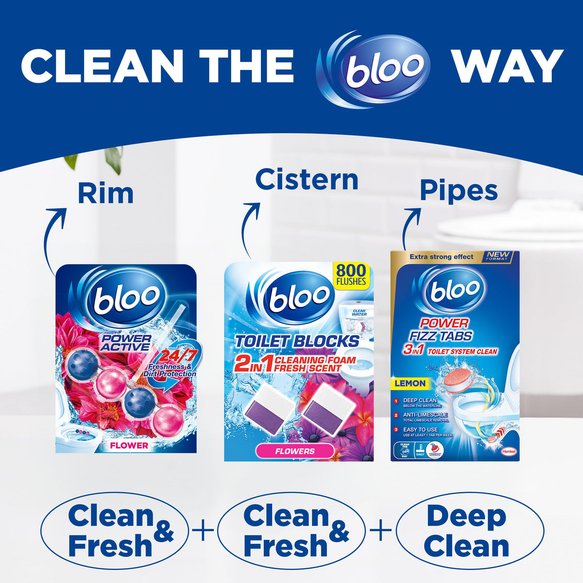 Bloo Power Active Toilet Rim Block & Freshener, Fresh Flowers, Pack of 1