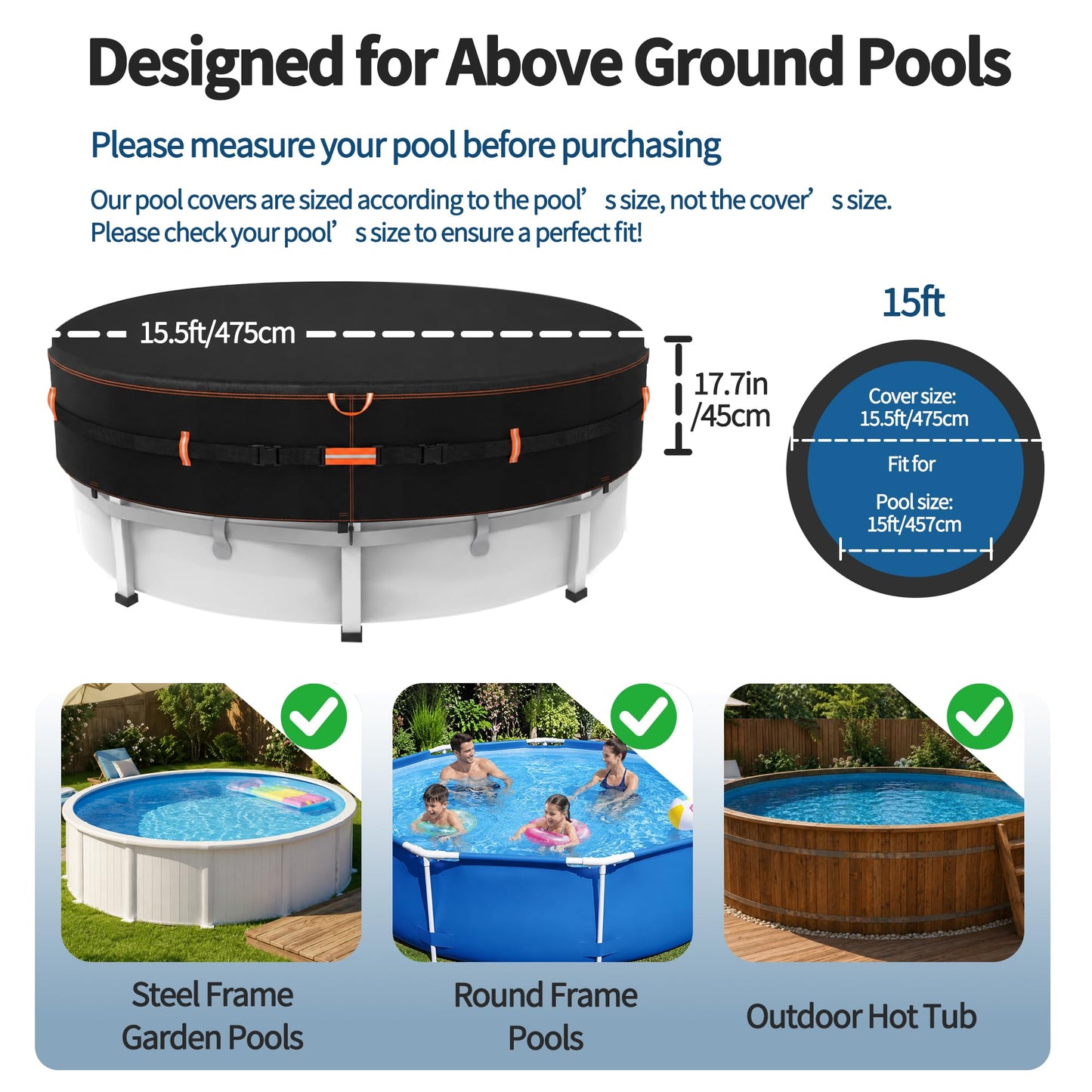 Round Pool Cover for above ground Swimming pools, Heavy Duty Oxford Fabric, Tear Resistant, Ideal for Circle & Round-shaped Pool, Waterproof and Dustproof (12FT, Black)