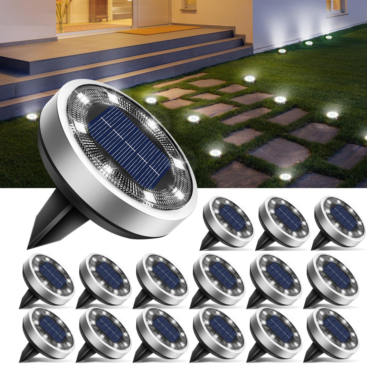 btfarm Solar Lights Outdoor Garden, 6 Pack 8 LED Solar Ground Disk Lights Outdoor IP65 Waterproof for Garden Pathway Lawn Patio Yard Landscape (Blue)
