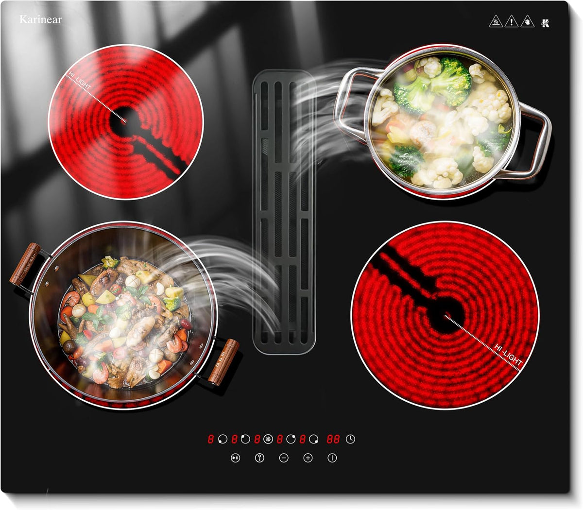Karinear Electric Ceramic Hob 60cm 4 Zones with Built-in Extractor Hood