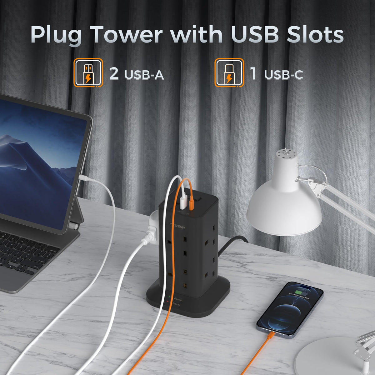 TESSAN Tower Extension Lead with USB C Slots