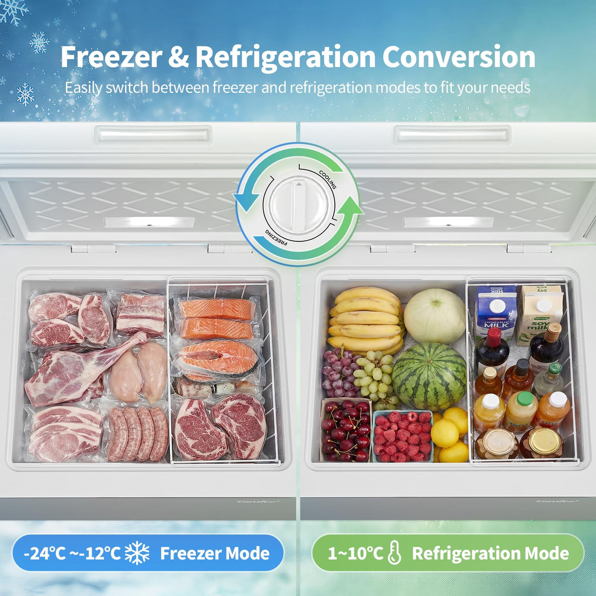 COMFEE' 99L Chest Freezer, Convertible Refrigeration Mode, RCC102BL2UK(E)