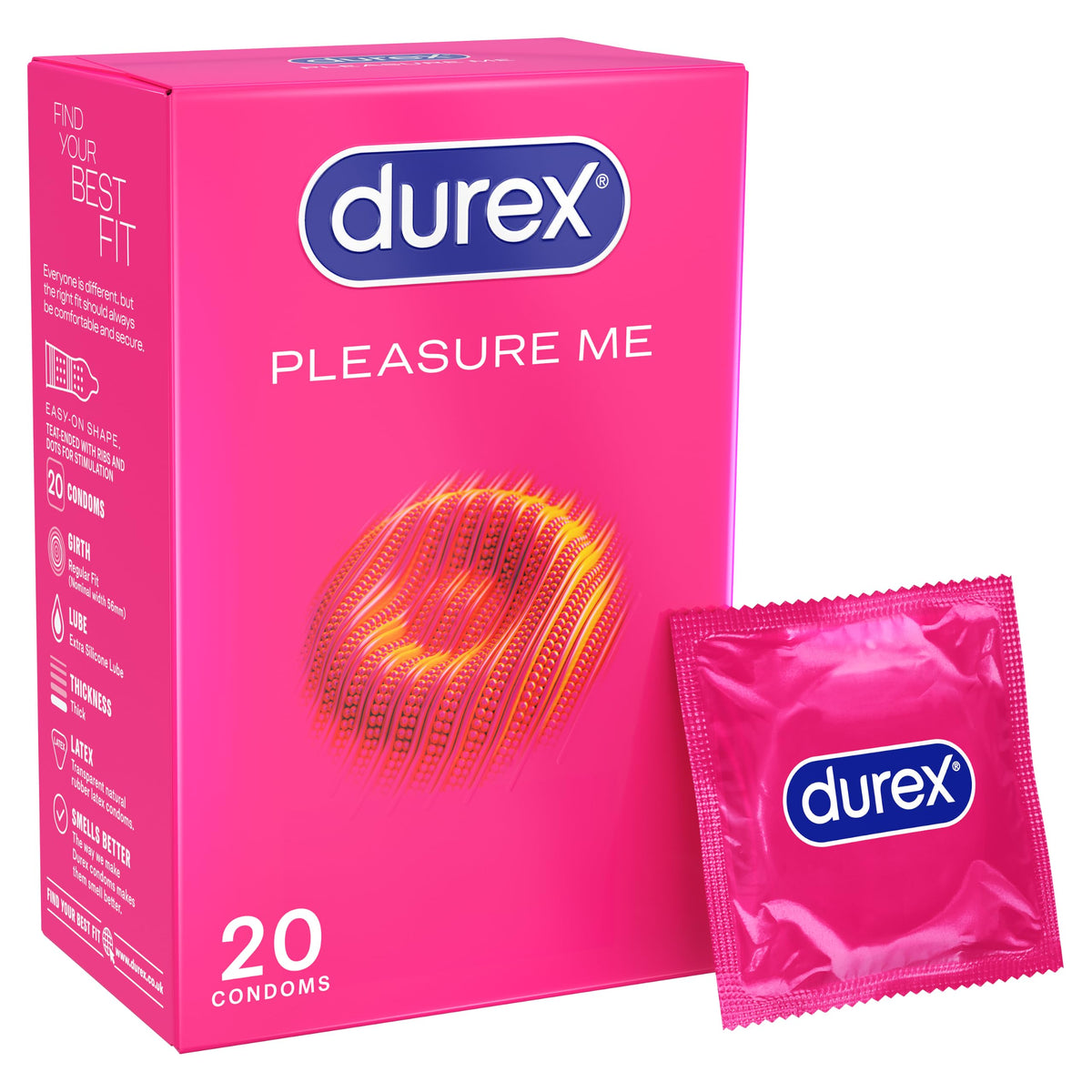 Durex Pleasure Me, 12 Condoms, Ribbed & Dotted, Regular Fit, Pre Lubricated