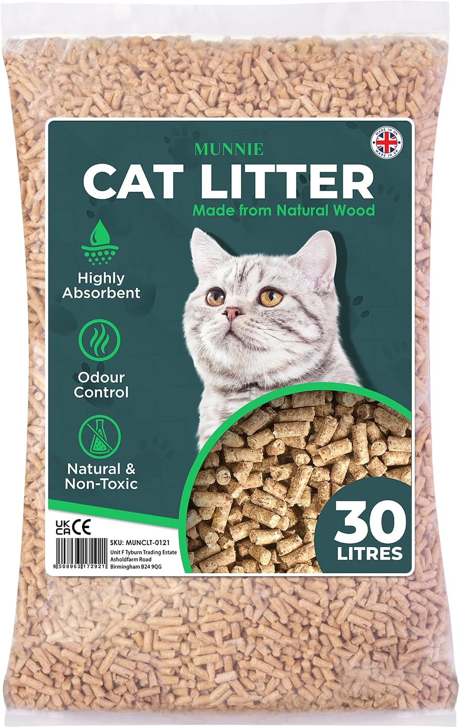 Munnie Cat Litter 30L – Biodegradable, Dust-Free, Unscented, Ultra-Absorbent Wood Pellets for Cats & Kittens, Natural Cat-Litter for Housetraining, Non-Clumping, Litter Granules, Pet-Safe