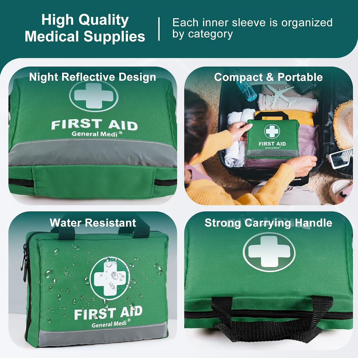 General Medi 210 Piece First Aid Kit- Emergency kit - Reflective Design - Includes Ice(Cold) Pack, Moleskin Pad and Emergency Blanket for Travel, Home, Office, Car, Workplace & Outdoor