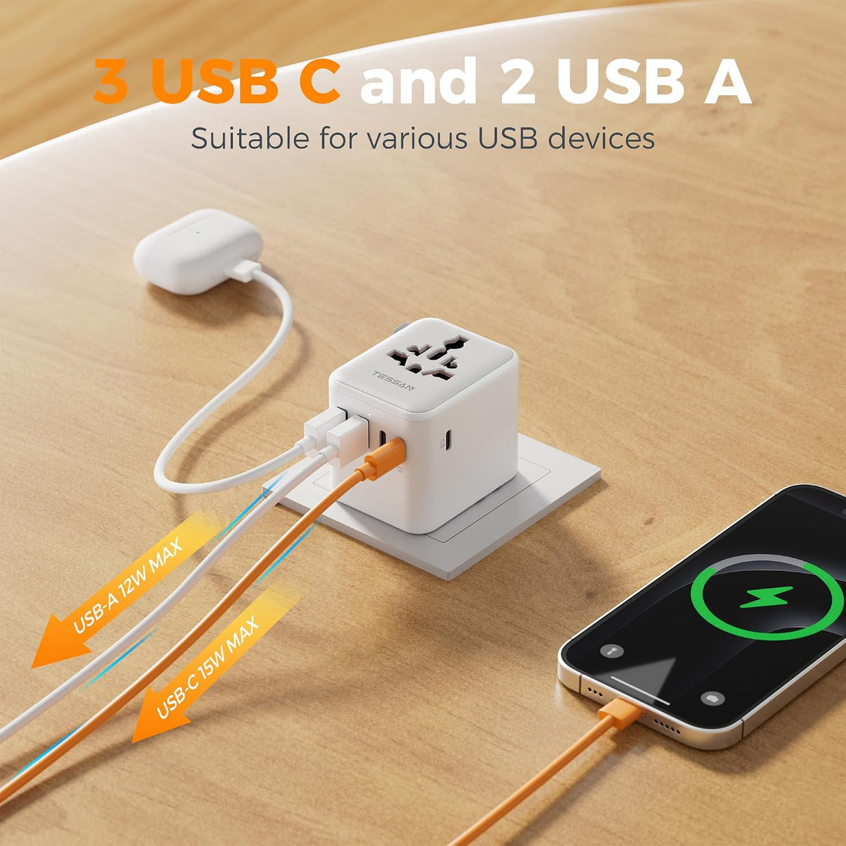 TESSAN Universal Travel Adapter, 28W Worldwide Plug with 2 USBA and 3 USBC