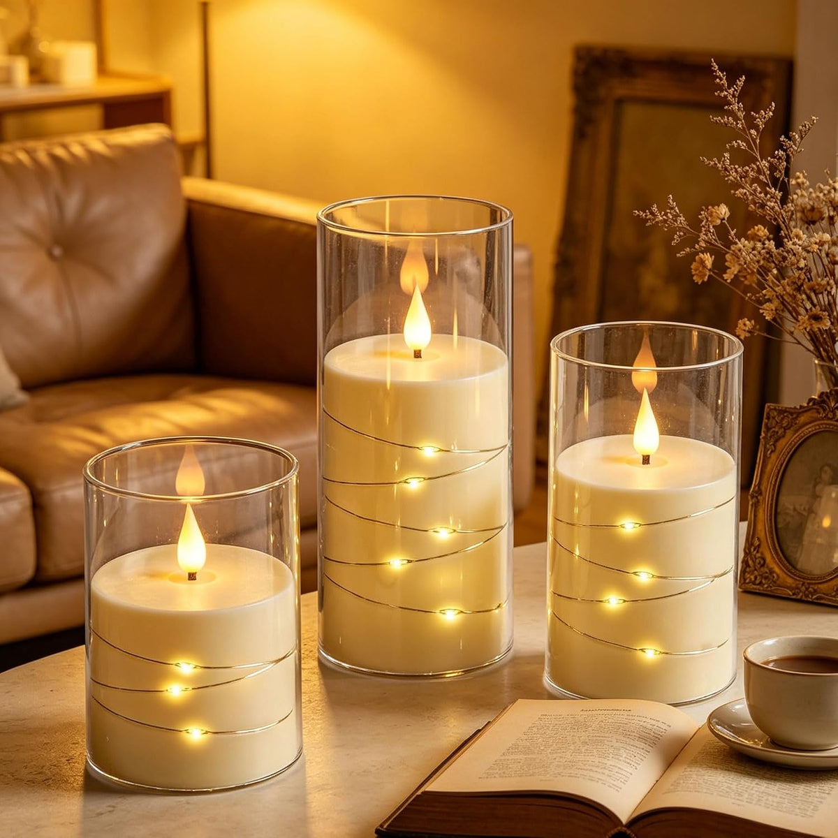 5 Pack Ivory Transparent Taper Candles, Black Wick Flickering Flameless LED Candles with Fairy Lights, Heat Resistant Reusable Plastic Candles, Remote Control, 14/14/16/18/20cm, Indoor Outdoor Decor