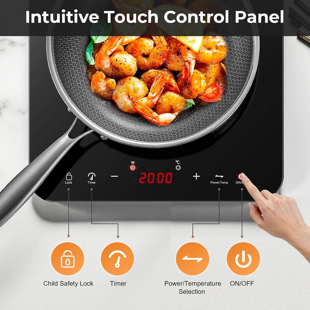 Single Induction Hob 2000W, Portable Induction Cooker with 10 Power & Temperature Levels, Touch Control, Child Lock, 3-Hour Timer, Residual Heat Indicator, Black Glass Panel Electric Hob