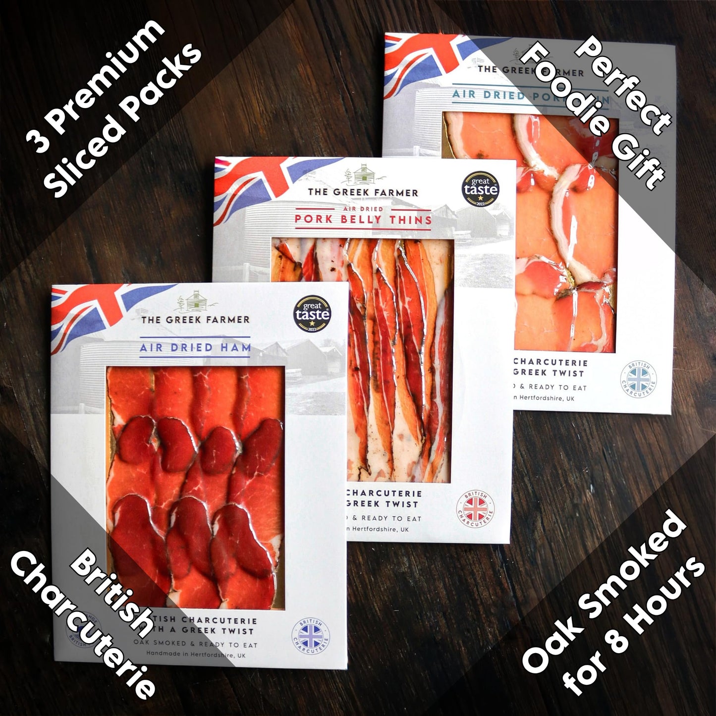 The Greek Farmer Signature 8 Piece Charcuterie Collection | Cured Meats & Cold Cuts | Artisan Charcuterie Gift | British Free-Range Pork | 5-Star Great Taste Award | Ideal Foodie Gift & Savoury Hamper
