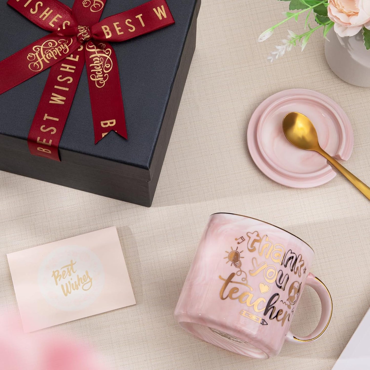 Biching Teacher Gifts - Teacher Appreciation Gifts for Women - Thank You Gift for End of Year, Back to School, Birthday, First-Day, 14oz Pink Marble Coffee Mug with Luxury Presentation Box
