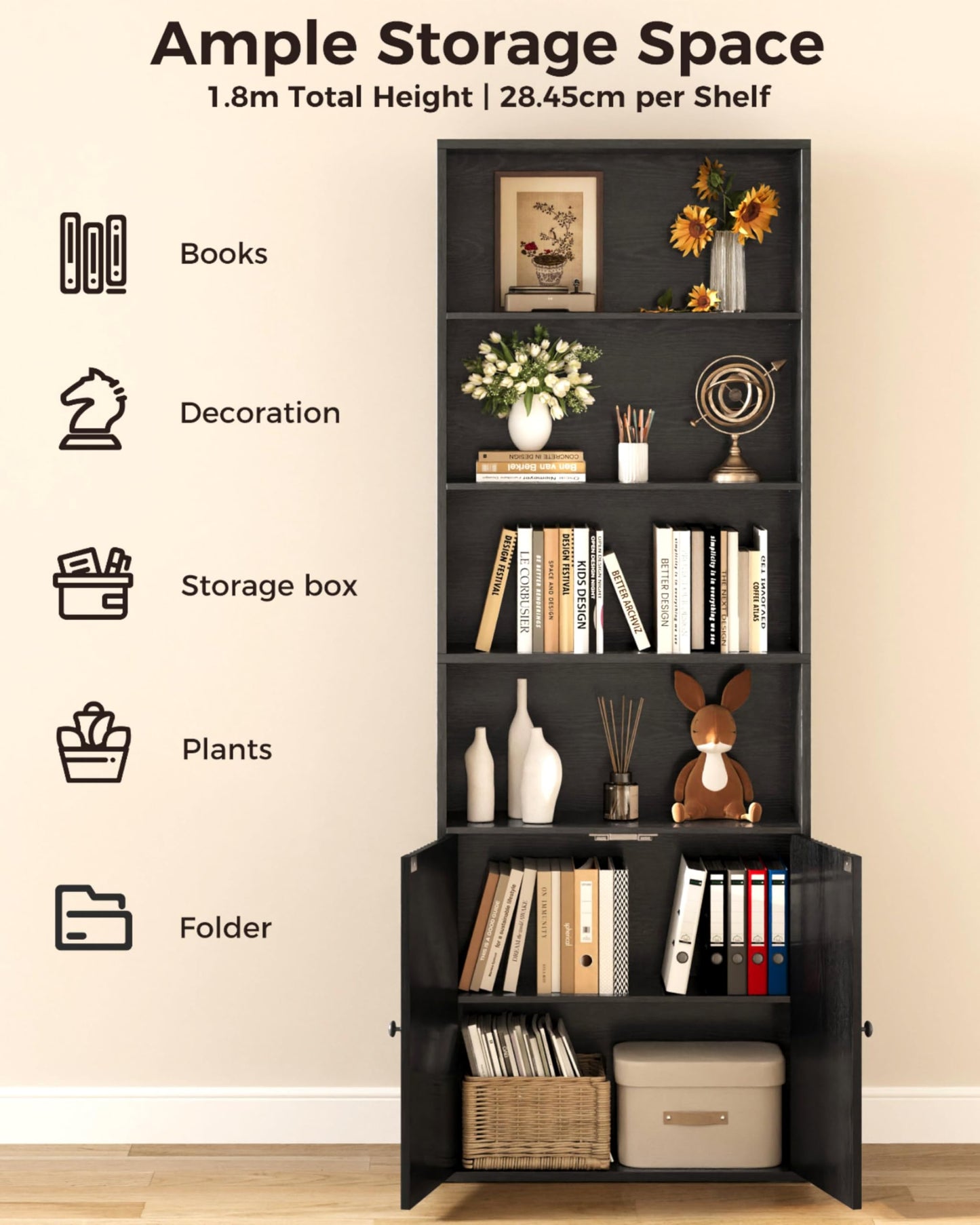IRONCK Bookcase, Bookshelf with Doors, 6 Tier Tall Book Shelf, Shelving Unit, 60x23.5x180cm Free Standing Display Shelf for Living Room, Home Office, Dinning Room (white)