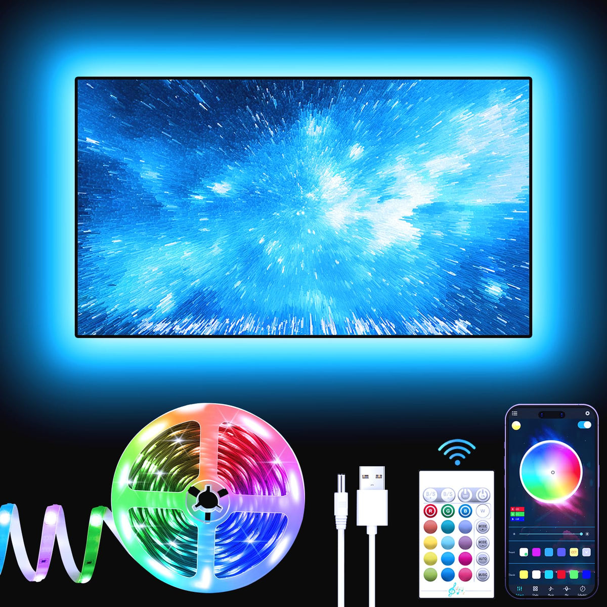 GIPOYENT TV Light Strip, 5M TV Backlight, for 45-75 Inch TV, Music Sync LED TV Light with Bluetooth Function - RGB Color Changing Light Strip for Home Theater (16.4ft)