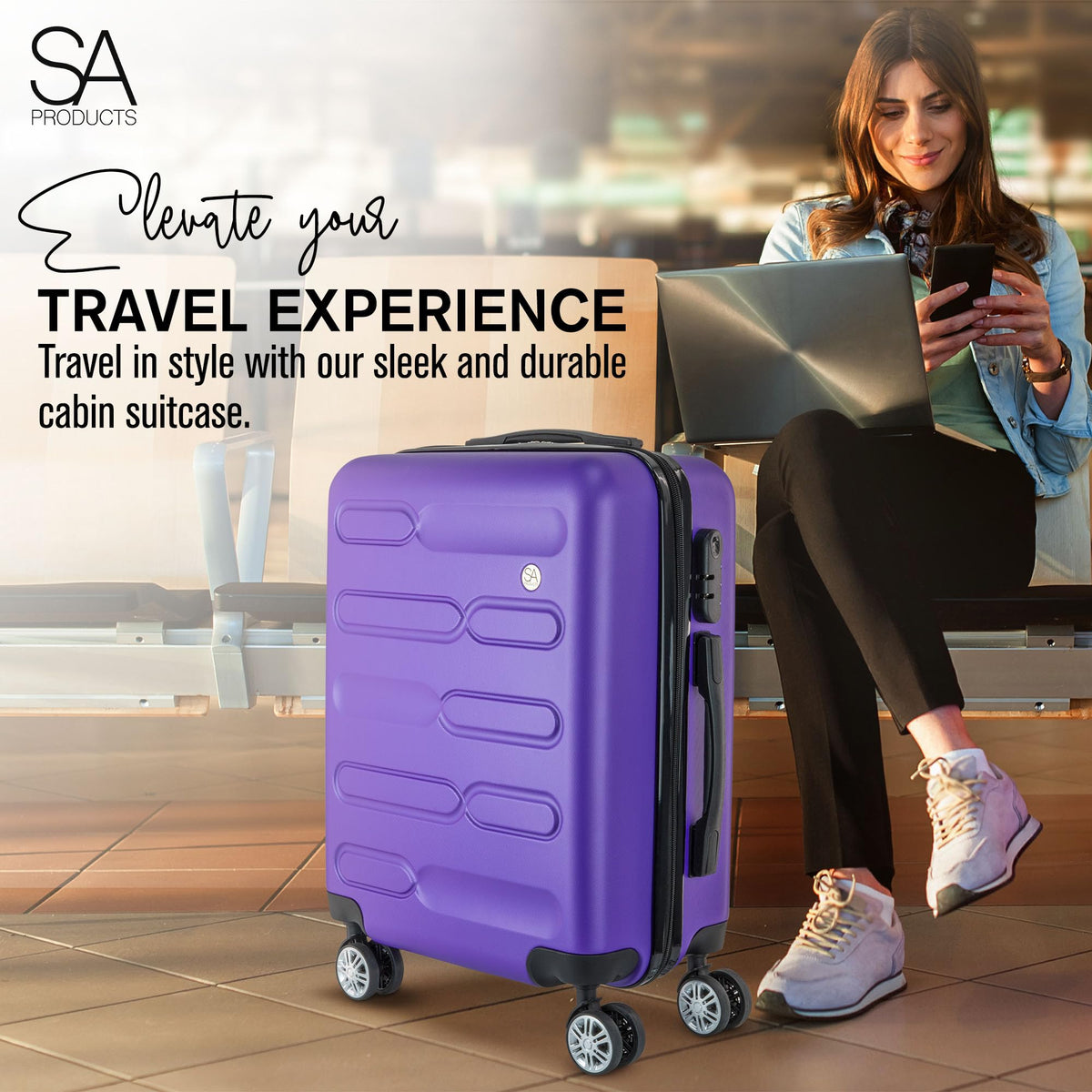 SA Products Cabin Suitcase - 34L Carry On Hard Shell Bag - 55x40x20 - Grey