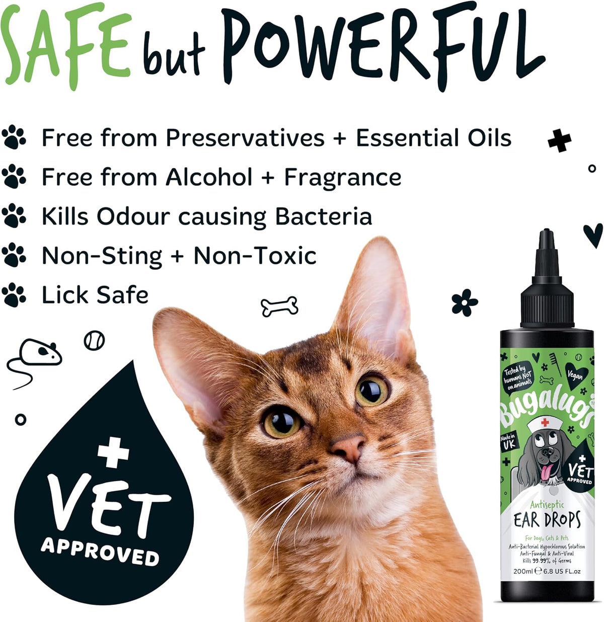 BUGALUGS Antiseptic Ear Drops 200ml – Ear Disinfection, Kills bacteria, Stops Odours, Scratching & Discomfort, Anti-fungal (Yeast), Veterinary-grade, for Dogs, Cats & all other animals