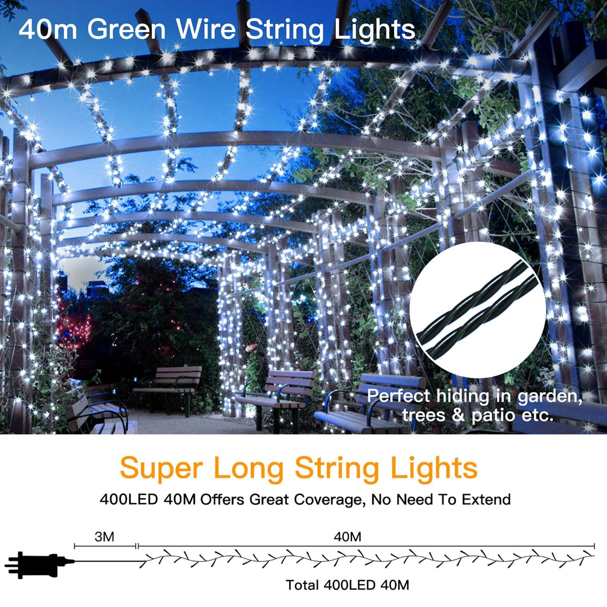 Ollny Smart Outdoor Fairy Lights, 20m 200 LEDs, RGB+W, App Control