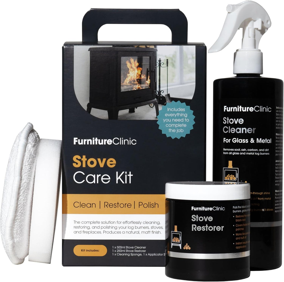 Furniture Clinic Stove Care Kit – Clean and Restore Log Burners, Grates, & Fireplaces – Removes Soot and Dirt – Stove Glass & Metal Cleaner and Stove Polish