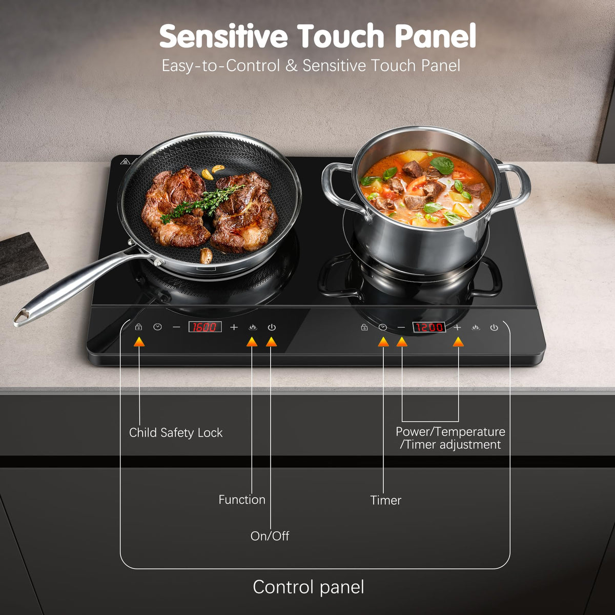 Single Induction Hob 2000W, Portable Induction Cooker with 10 Power & Temperature Levels, Touch Control, Child Lock, 3-Hour Timer, Residual Heat Indicator, Black Glass Panel Electric Hob