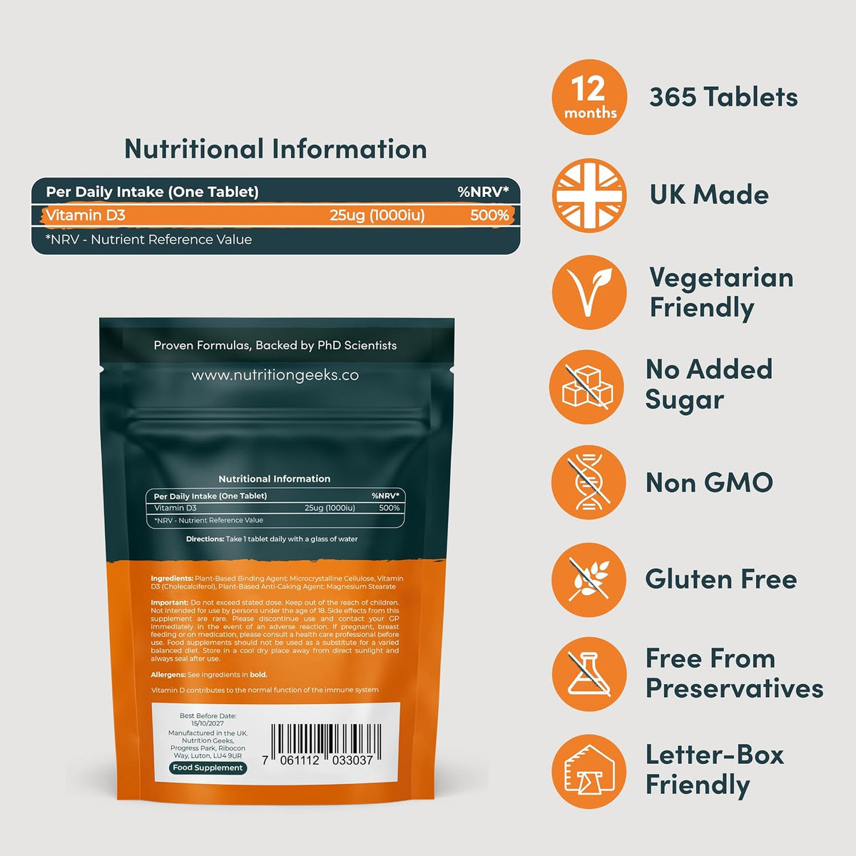Vitamin D 1000iu - 1 Year Supply, 365 Easy-Swallow Vitamin D Tablets, Vegetarian D3, High Strength Immune Support Supplement - Awarded by The Independent UK