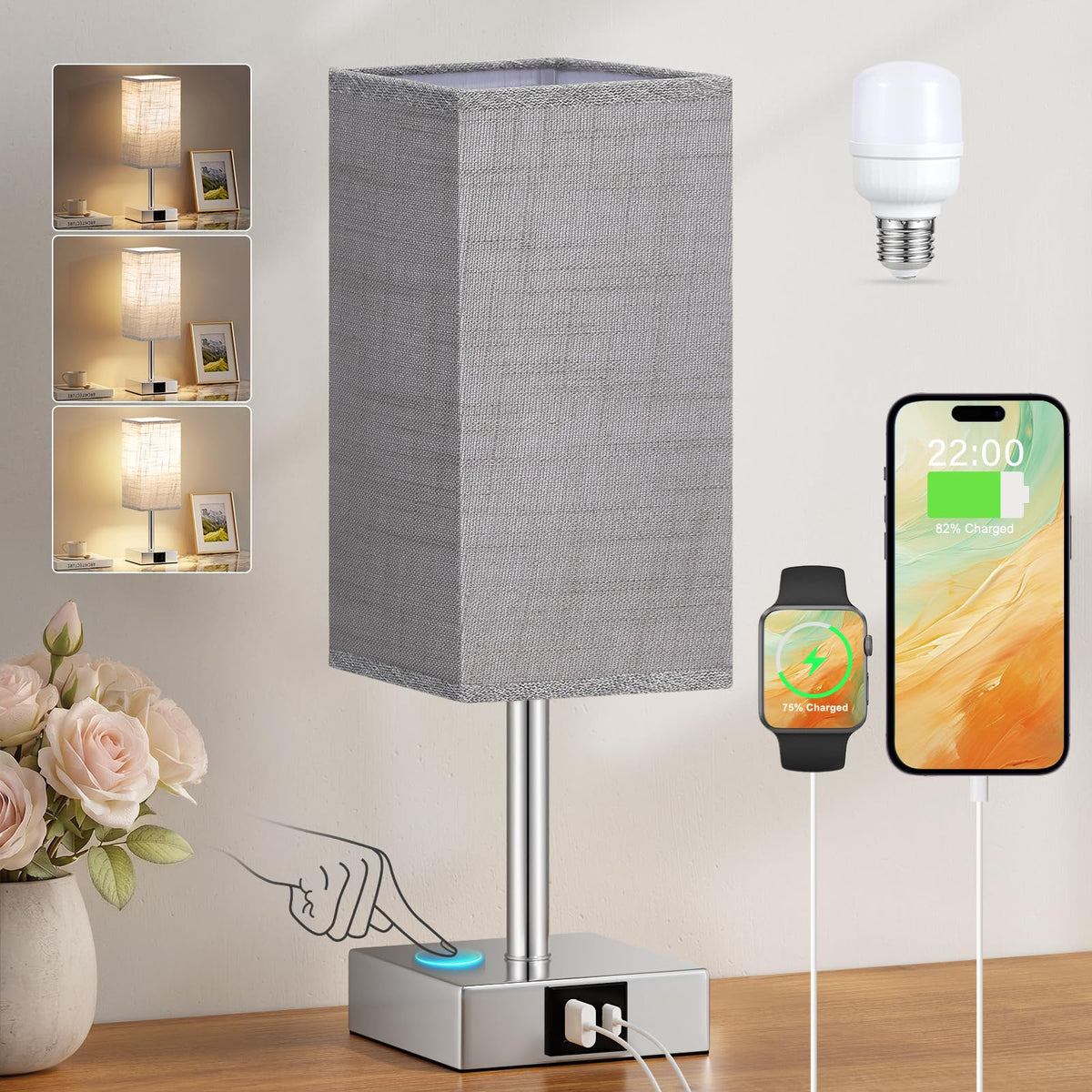 Pink Touch Lamp, Bed Lamp with Dual USB Charging Ports, Pink-Base (Bulb Included)