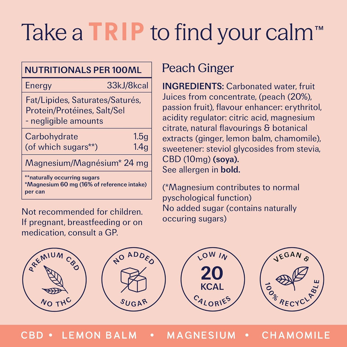TRIP Sparkling Drink, Low Calorie, Vegan, Peach Ginger, 12 pack