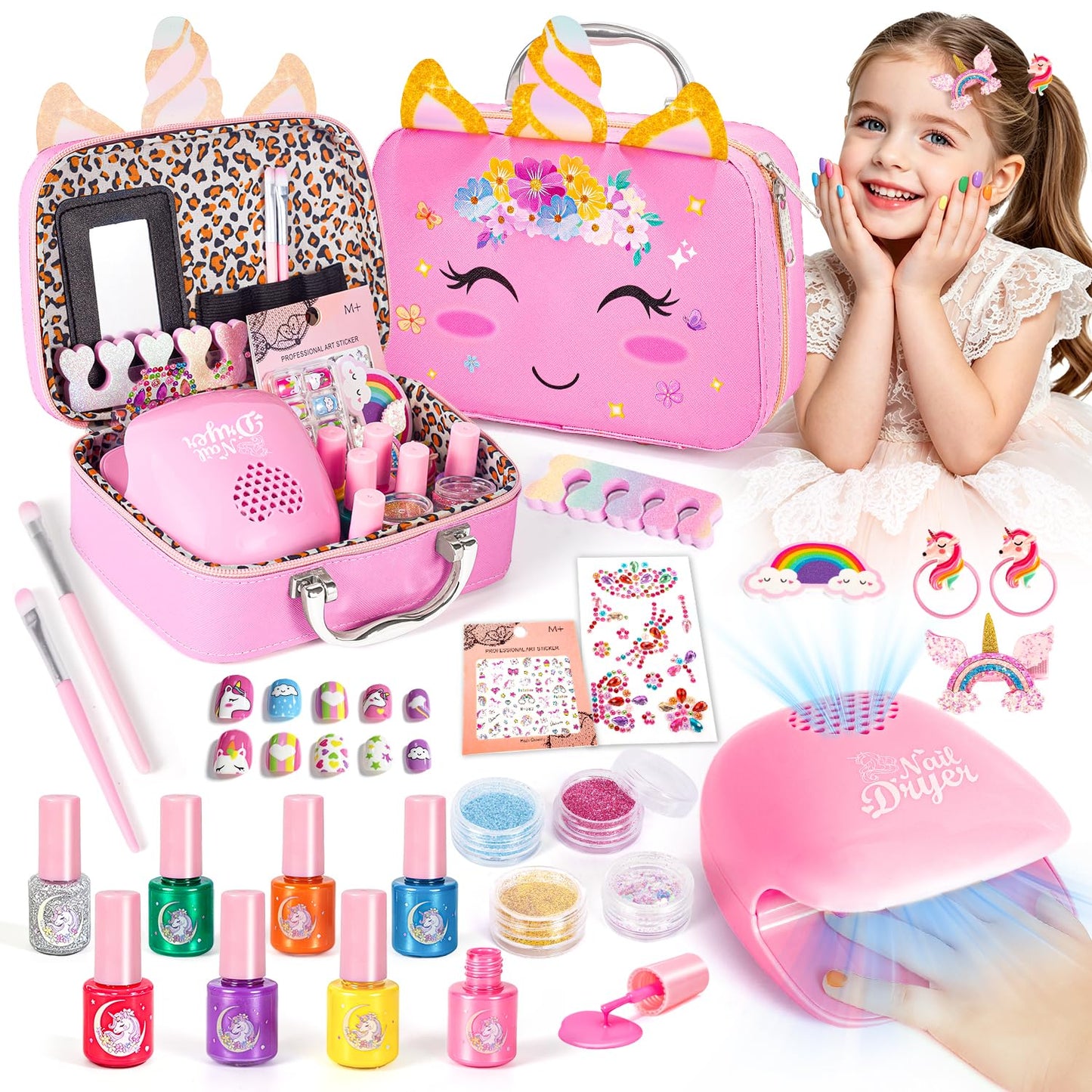 Hohosunlar Girls Makeup Set Kids Toys - Washable Non-toxic Kids Make Up w/ Nail Polish Dryer, Princess Accessories Nail Varnish Set, Christmas Birthday Gift Toys for Girls 3 4 5 6 7 8-12 Years Old