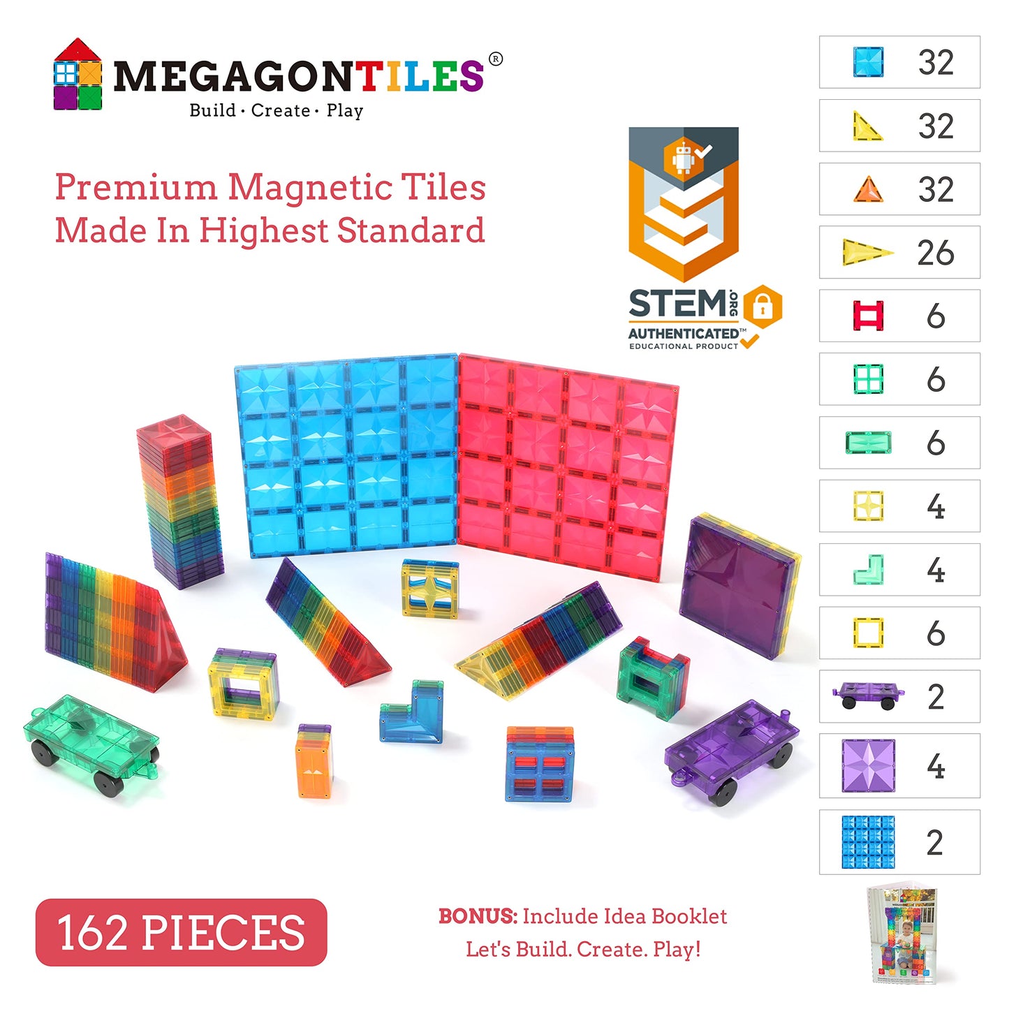 MEGAGONTILES 110PCS Premium Magnetic Tiles Set | STEM-Authenticated Magnetic Building Blocks | Educational Construction Toy for Kids Ages 3–8 (Boys & Girls)