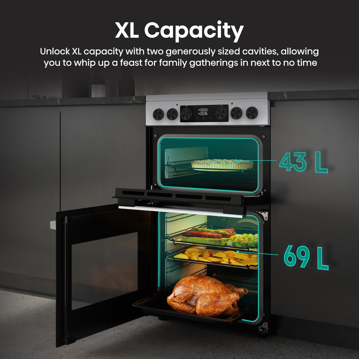 Hisense HDUKC60W 60cm Electric Cooker with Ceramic Hob-White, A Rated Double Oven 50L/80L [Energy Class A]