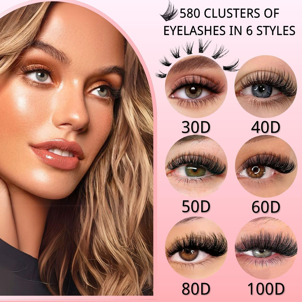 KEYRI 580 Pieces Individual Eyelashes 30-100D Cluster Lashes Kit