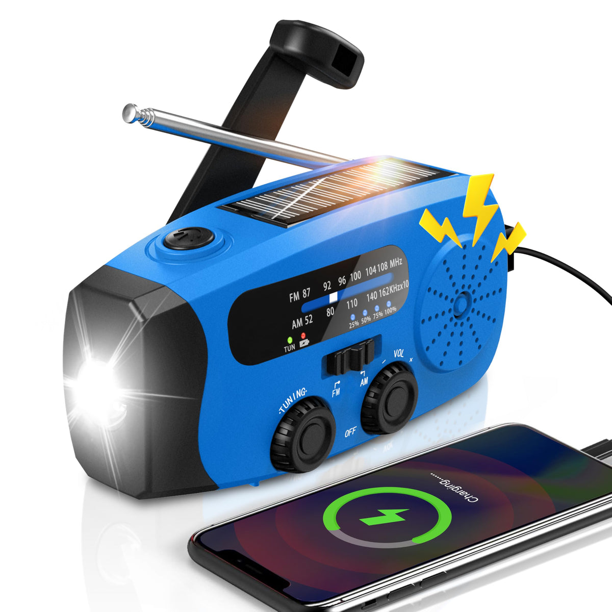 Wind Up Solar Radio, 7400mWh (2000mAh) Solar Powered Radio Emergency Hand Crank Radio with 3 Built-in Cables, Battery Operated, SOS Alarm & Flashlight, Emergency wind up torch for Hurricane, Emergency