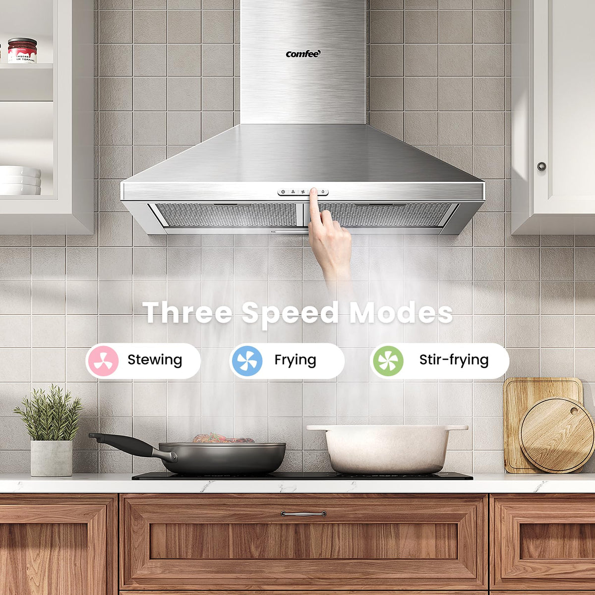 COMFEE' 90cm Chimney Cooker Hood, Class A++ Wall Mounted Kitchen Extractor