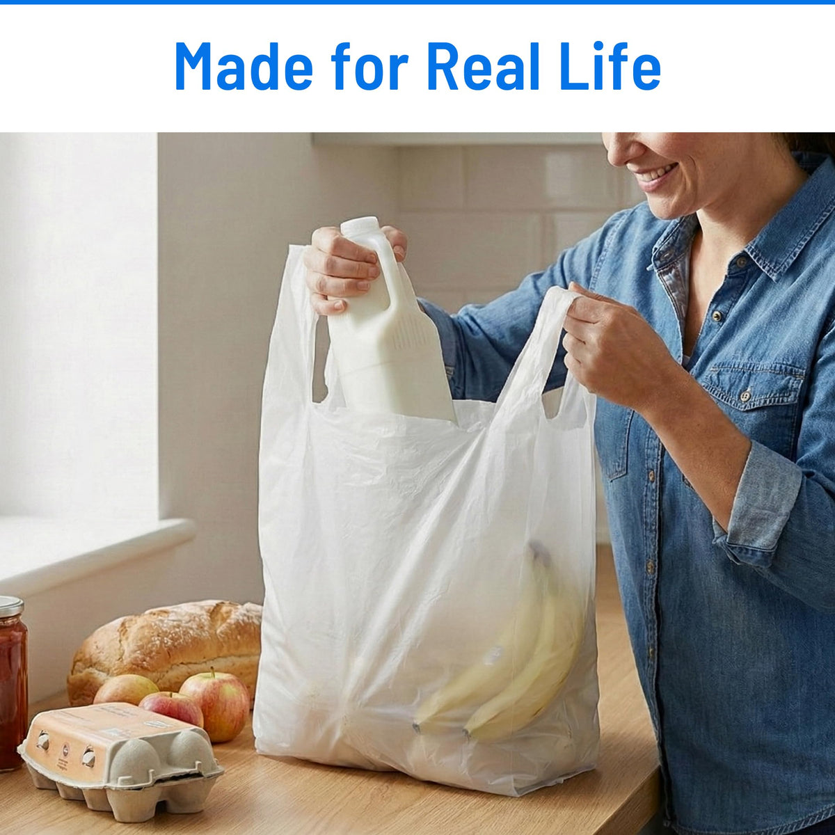Plastic Carrier Bags White - Standard Retail Size 13x19x23, 100 Pack, Heavy Duty Large Carrier Bag with Handles, Groceries Retail Shopping Takeaway Bin