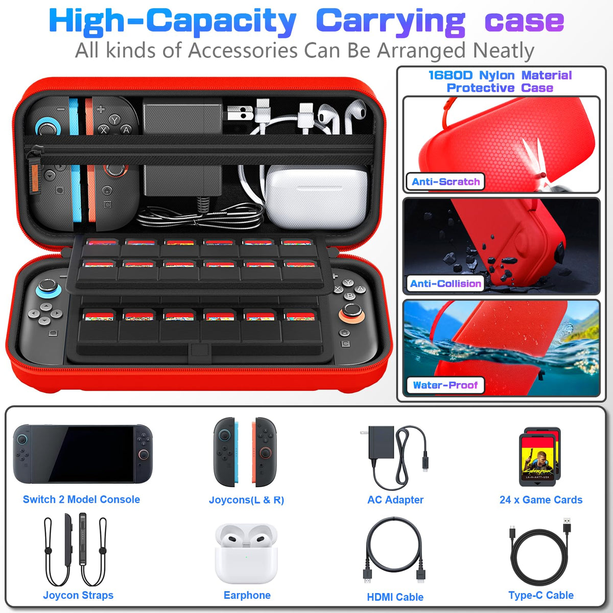 daydayup Switch 2 Carry Case Compatible with Nintendo Switch 2, with 24 Games Cartridges Protective Hard Shell Travel Carrying Case Pouch for Switch 2 Console & Accessories,Black