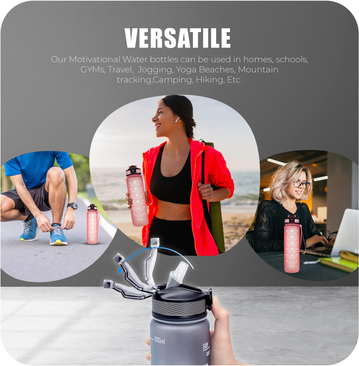 Roe Tenpo Sports Water Bottle with Straw and Time Marking, and 32OZ Capacity - Motivational and Eco-Friendly BPA-Free Bottle for Running, Gym, Yoga, Outdoors, and Camping (Style-1, Black)