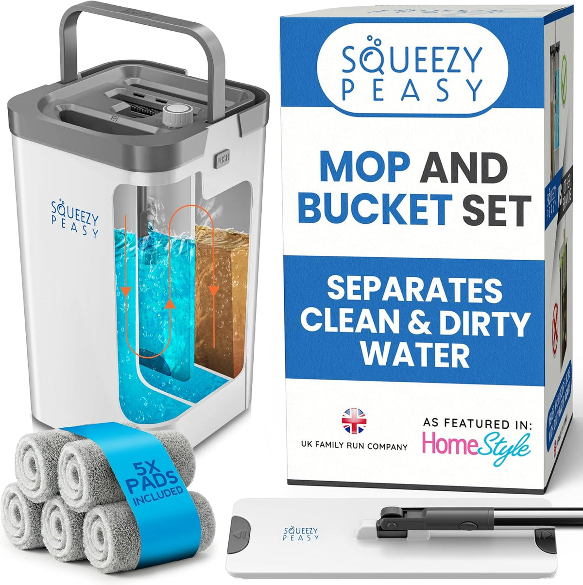 SqueezyPeasy Premium Flat Mop and Bucket Set, Separates Clean & Dirty Water