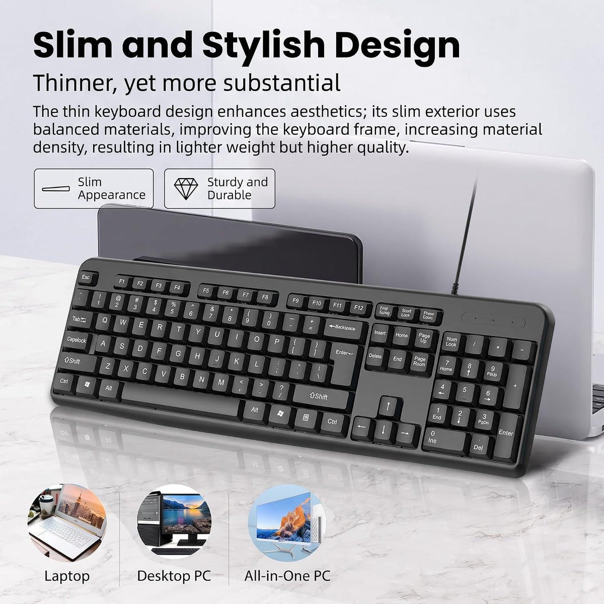 Wired Keyboard UK Layout, Full Size 105 Keys USB Computer Keyboard with Numeric Keypad, Quiet Typing Spill-Resistant Plug and Play PC Keyboard for Windows 11 10 Laptop Office Desktop, Black