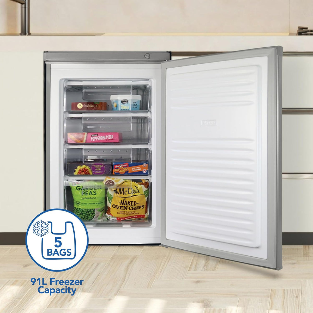 Igenix IG355B Freestanding Under Counter Freezer with 3 Large Drawers, Reversible Door, 88 Litre Freezer Capacity, 55 cm Wide, Black