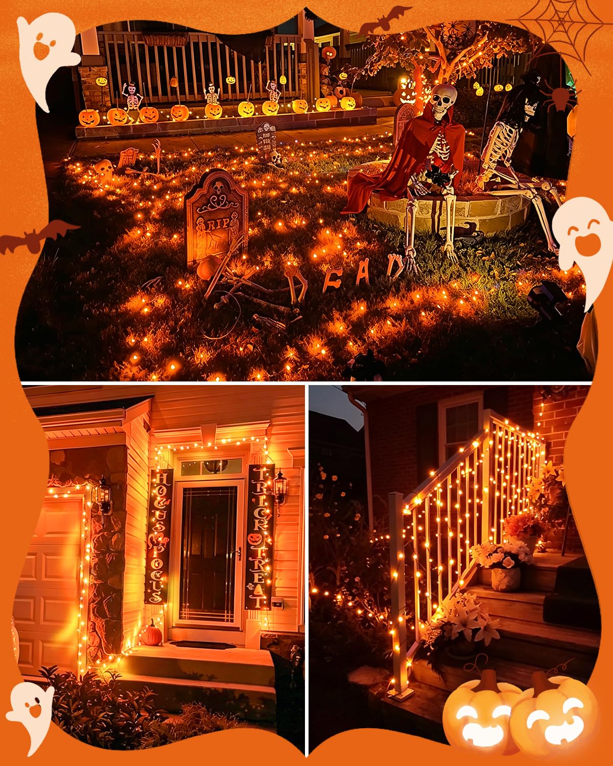 Dalugo Halloween Decoration Lights, 5M 50 LED Orange Purple White Fairy Lights with Timer, IP65 Waterproof Battery Powered Lights for Indoor Outdoor Autumn Halloween Decorations(Green Wire)