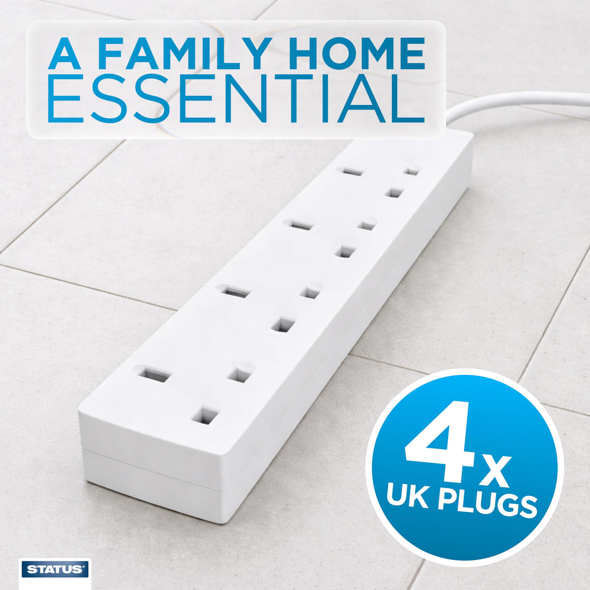 STATUS 4 Way Socket Extension Lead, 4m Cable with Neon Power Indicator, 13A Multi-Plug Strip for Home or Office, Wall Mountable, White (S4W4MS6)