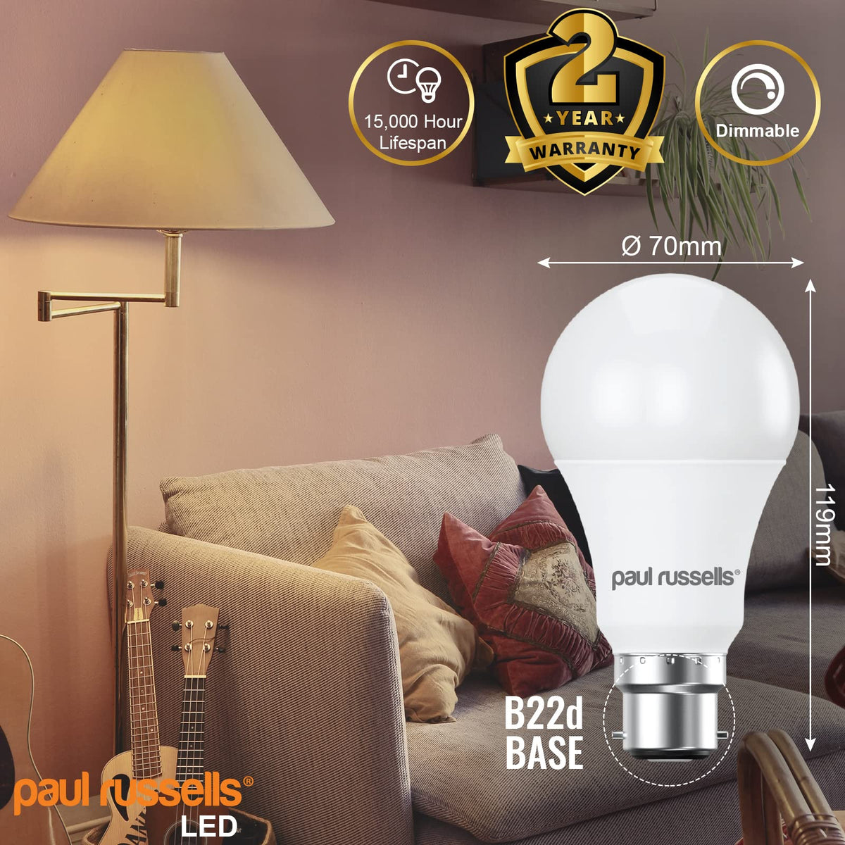 paul russells LED GLS - Dimmable Bayonet Light, 14W 1521 Lumens B22 A70 LED Bulbs, 100w Equivalent, 6500K Daylight, Dimmer Standard BC Energy Saving Ceiling Lightbulbs, 2 Pack