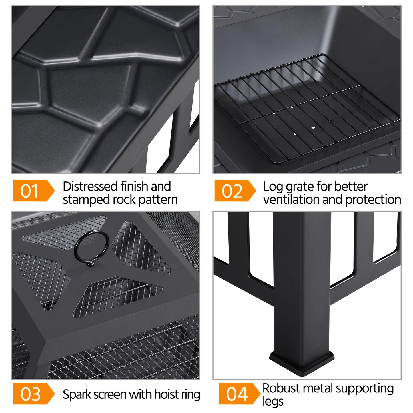 Yaheetech Outdoor Fire Pit 81cm Square Fire pits 3-in-1 Heat-resistant Metal Garden Stove for Barbecue, Heating, Cooling Drinks with Cover & Poker, Black