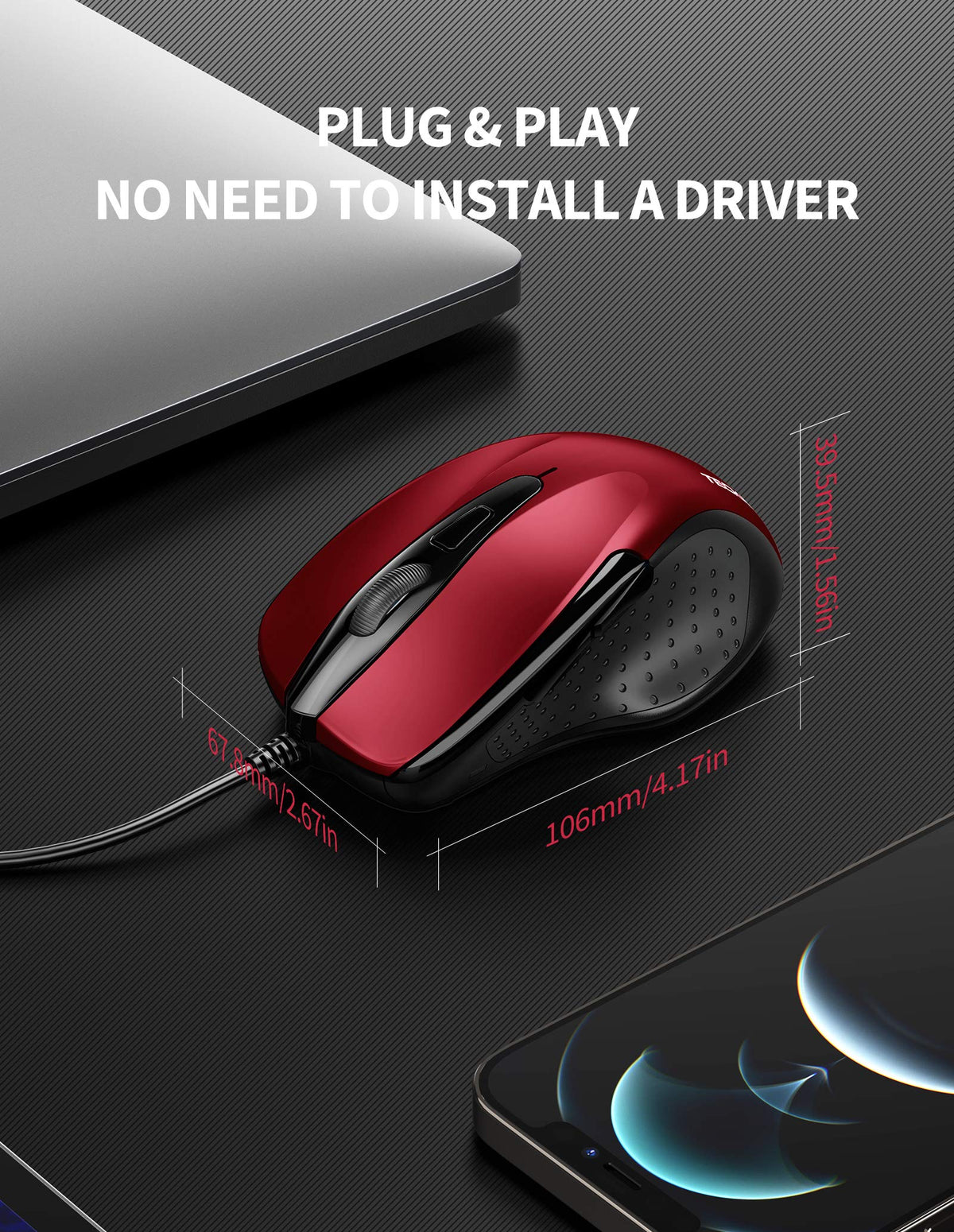 TECKNET USB Wired Mouse, 6400 DPI Mice 4 Adjustable DPI with 6-Button Corded, Optical Computer Mouse with Ergonomic Design for Laptop, Chromebook, PC, Desktop, Mac, Notebook