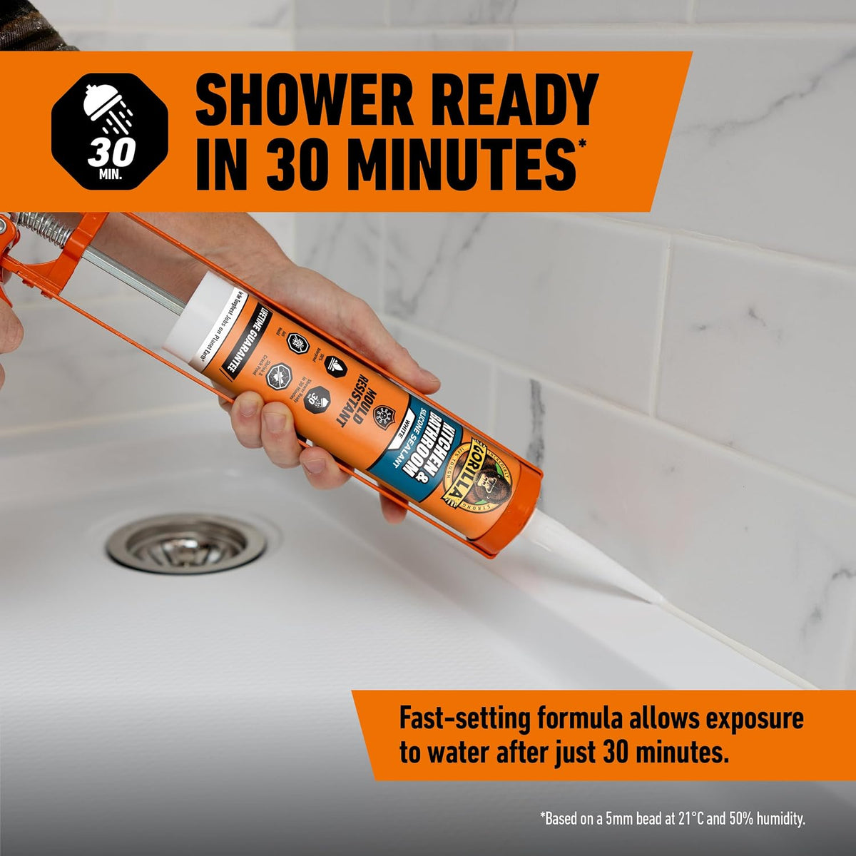 Gorilla Kitchen & Bathroom White Silicone Sealant, 295ml – Mould Resistant, 100% Waterproof Sealant, Shower Ready in 30 Minutes, Shrink & Crack Proof | Use on Showers, Baths, Sinks, Toilets & More